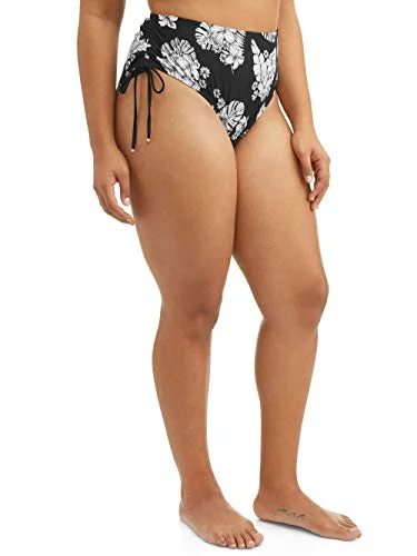 Women's Plus-Size Printed Floral Side Adjustable Swimsuit Bottom (2X (20W-22W)) Black White