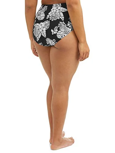 Women's Plus-Size Printed Floral Side Adjustable Swimsuit Bottom (2X (20W-22W)) Black White — 2