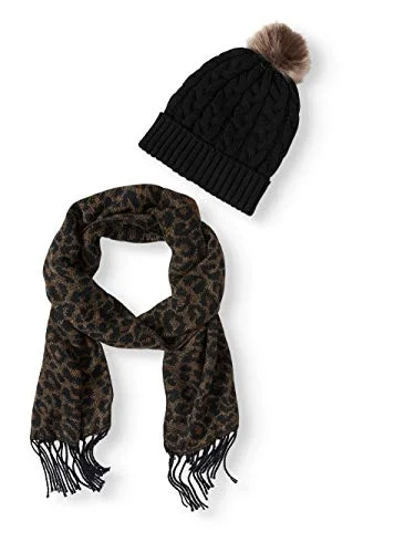 Time and Tru Black Brown Cheetah Print Scarf and a Black Beanie Hat