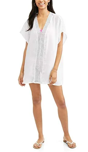Time and Tru Crochet Lace Insert Swim Cover Up, White, Medium