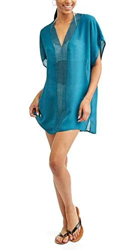Time and Tru Crochet Lace Insert Swim Cover Up, Teal, Medium